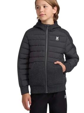 Hurley Kids Black Quilted Puffer Hoodie Jacket, Sz Small (7/8)